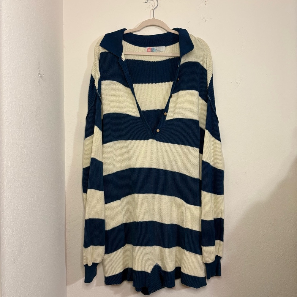 Free People Beach Knit Picnic Stripe Sweater Romper In Sailers Blue Combo medium - Picture 9 of 15